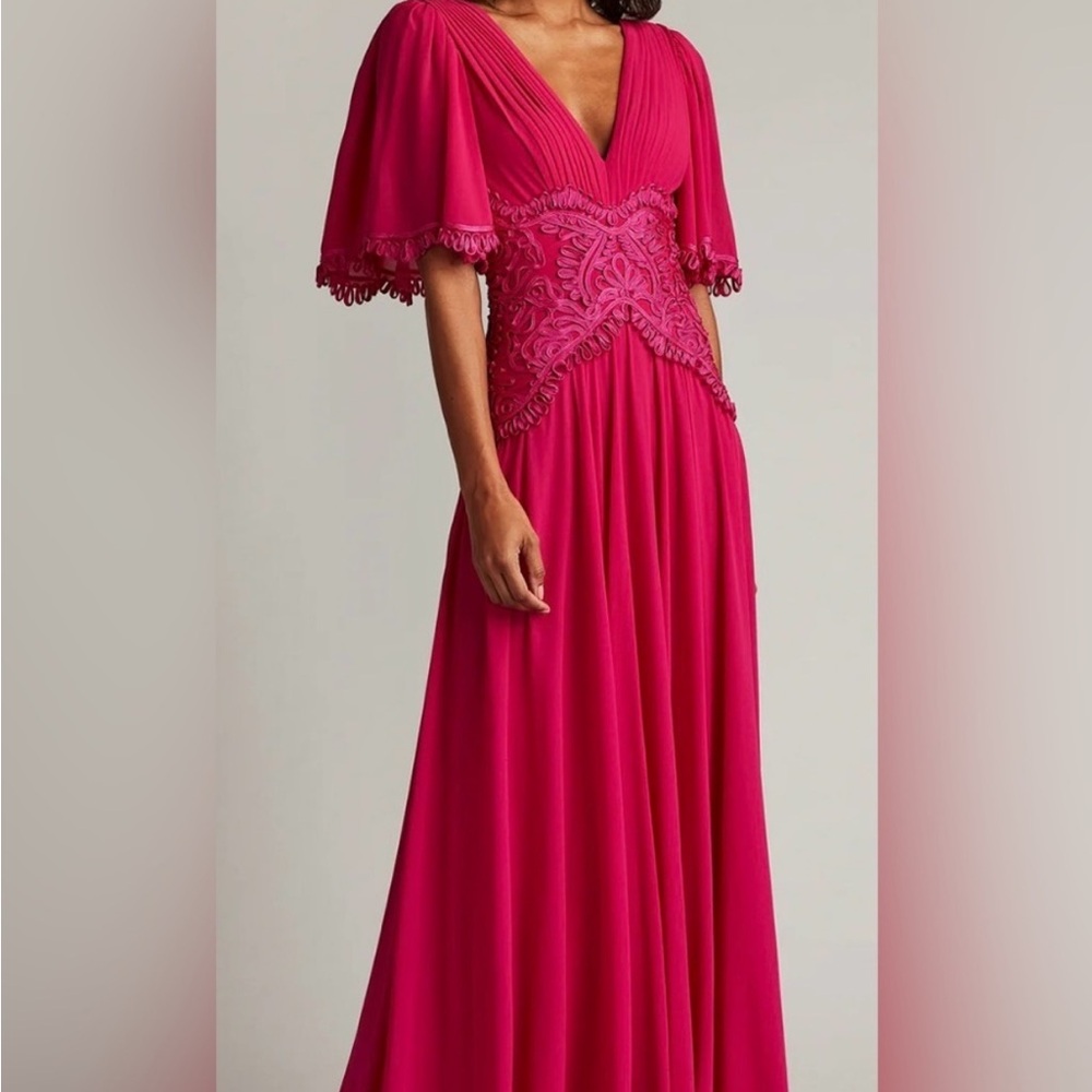 Tadashi Shoji Scroll Lace Detail Flutter Sleeve Chiffon Gown, SIZE 14